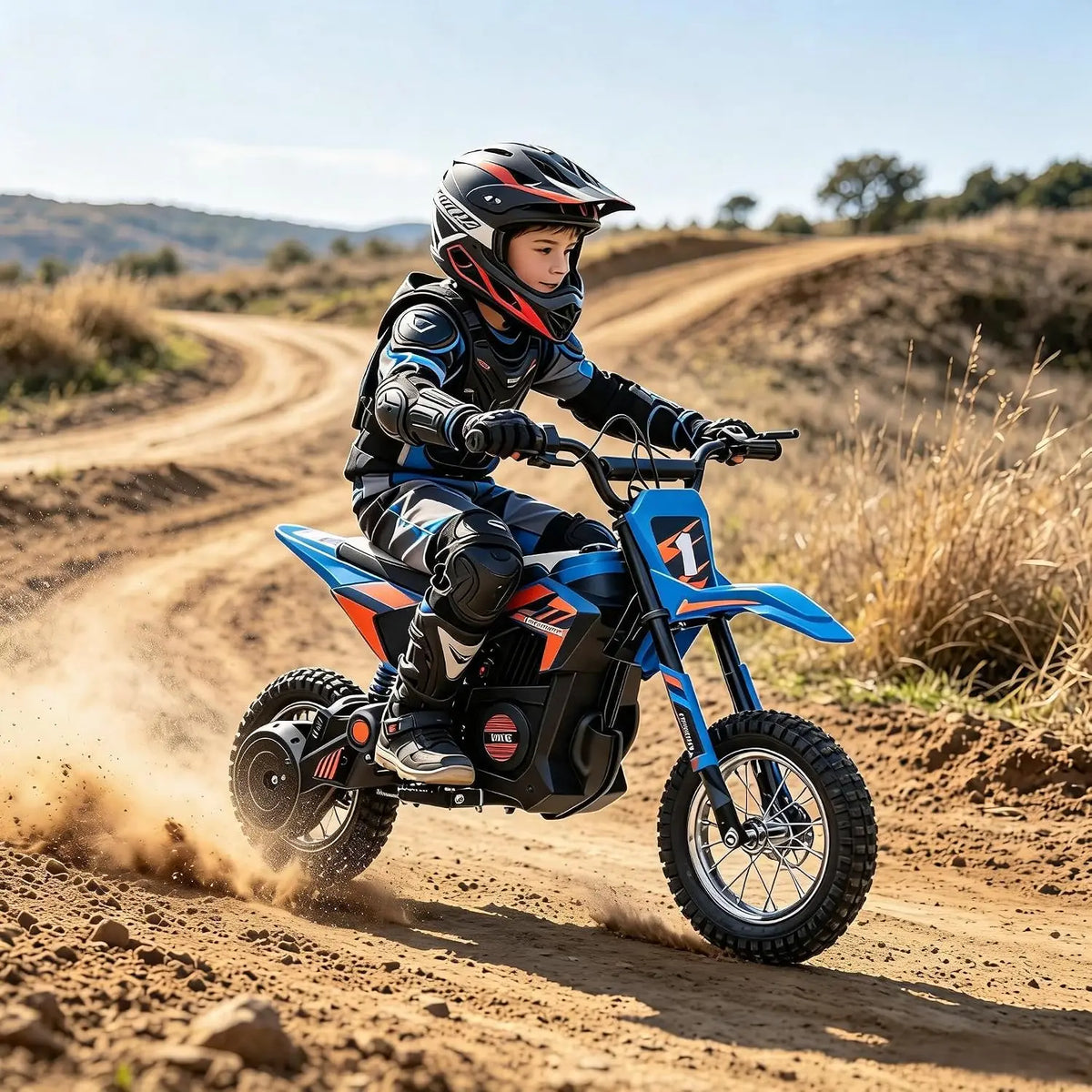Blue electric dirt bike electric, side view, perfect for kids to enjoy off-road adventures
