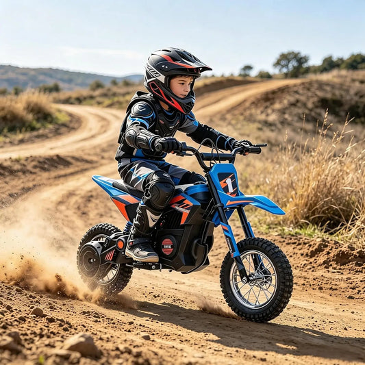 Blue electric dirt bike electric, side view, perfect for kids to enjoy off-road adventures