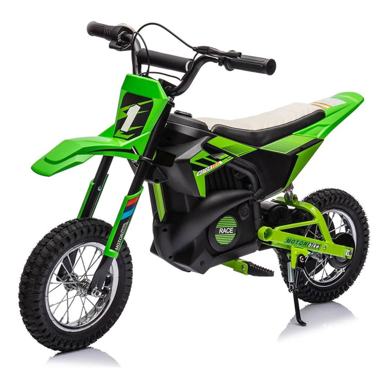 Green electric dirt bike electric for kids, side view, designed for outdoor fun and adventure