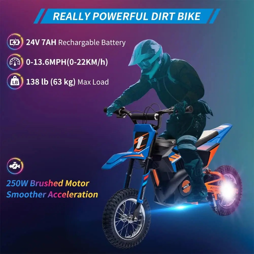 Blue electric dirt bike electric with 250W motor, side view, for kids 0-13.6 MPH speed limit