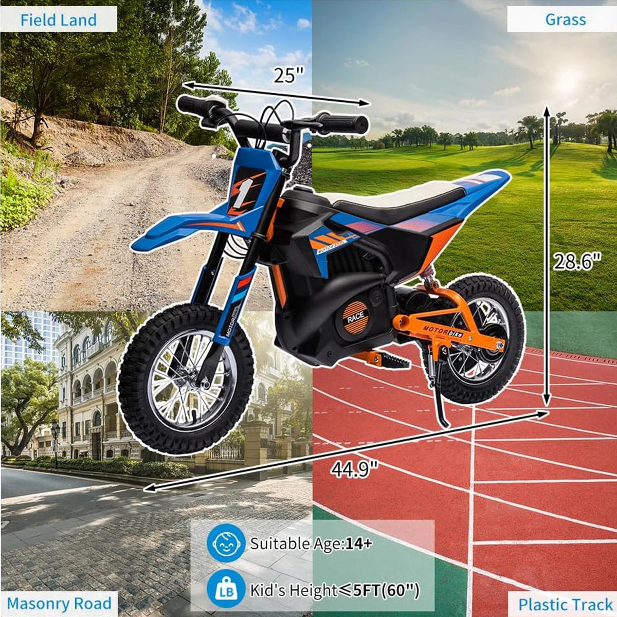 Blue and orange electric dirt bike electric, front view, for outdoor fun on various terrains