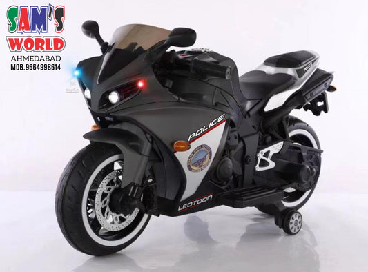 Black electric police bike for kids Ahmedabad Gujarat India with training wheels and police decals