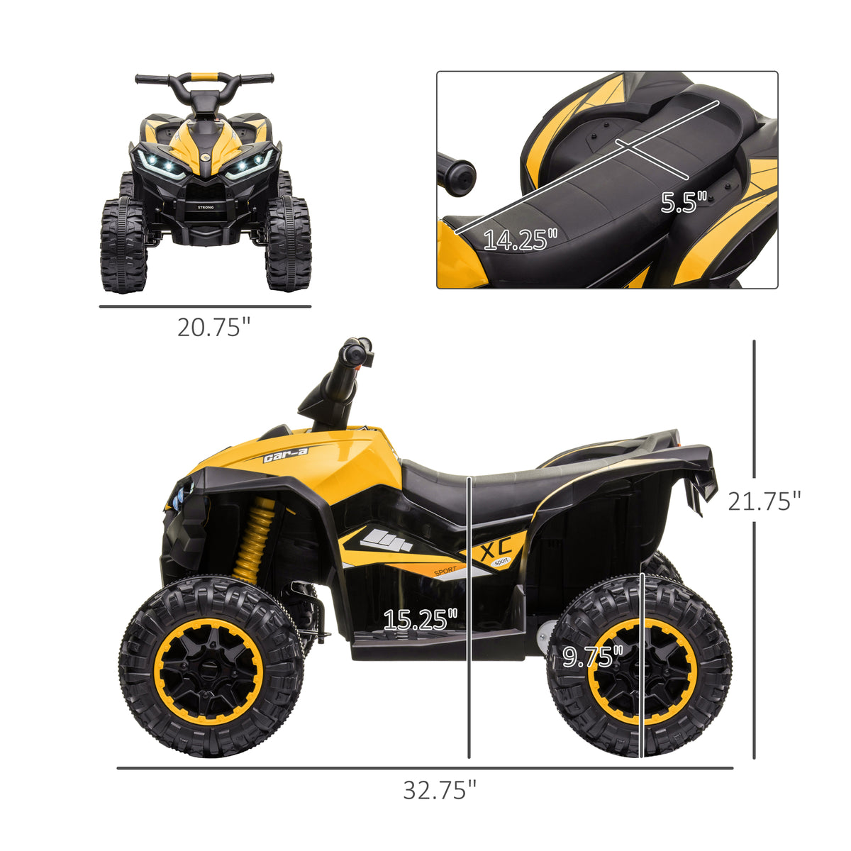 Kid-sized yellow electric ride on battery operated car ATV bike for kids by Sam's Toy World, age 3-8
