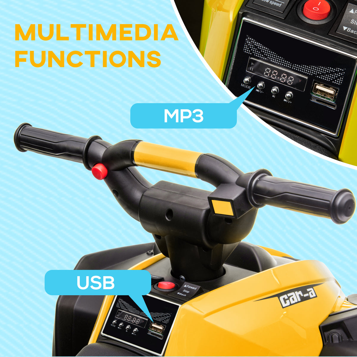 Electric ride on battery operated car ATV bike for kids in yellow with multimedia functions from Sam's Toy World