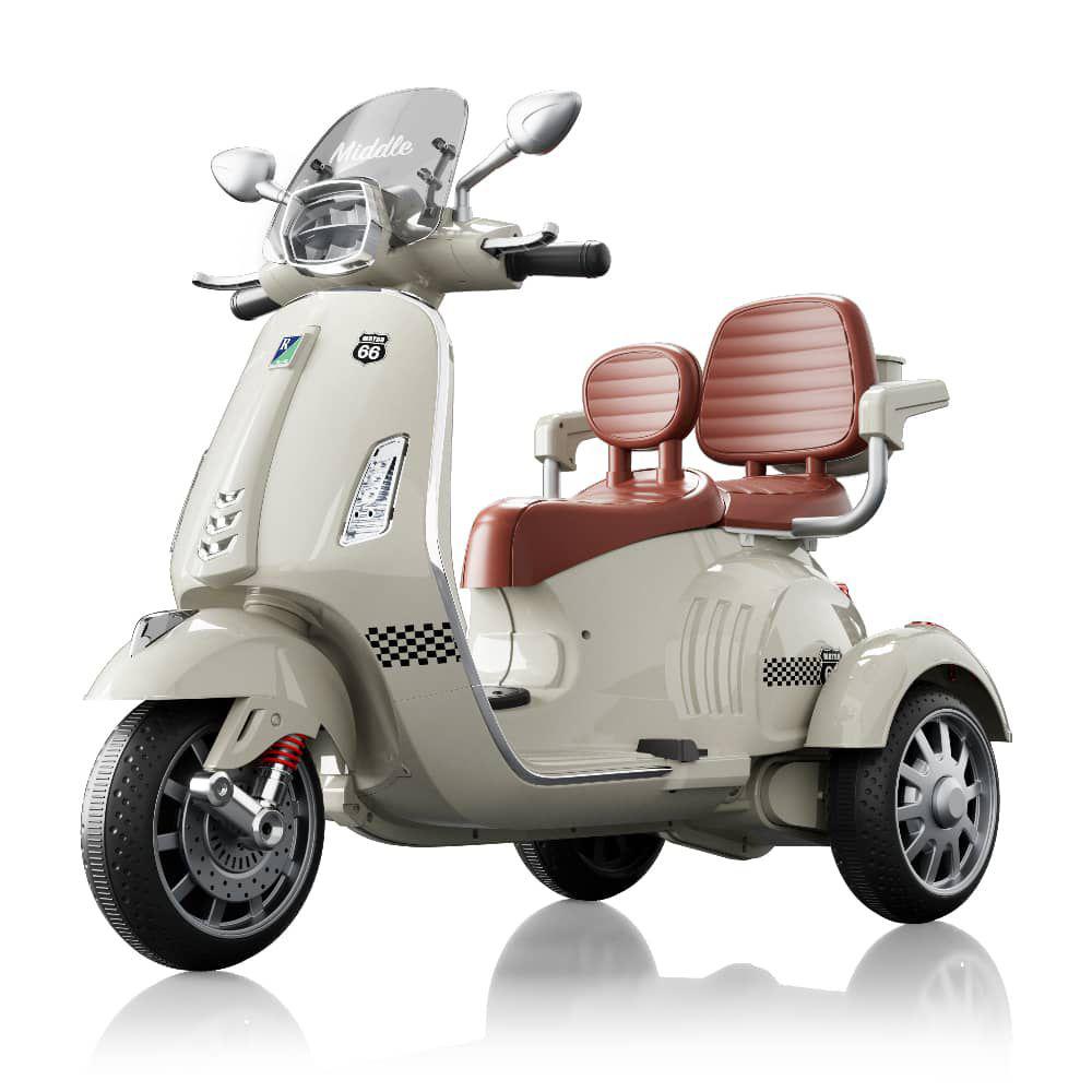 Beige electric scooter for kids with two seats, side view, designed for fun rides and adventures
