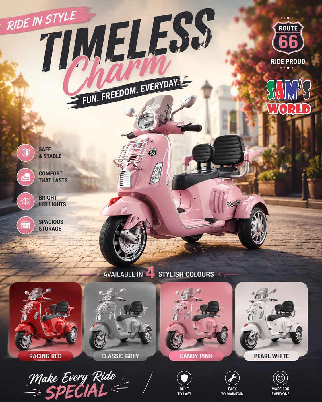 Pink electric scooter for kids, side view, designed for fun and safety in outdoor adventures