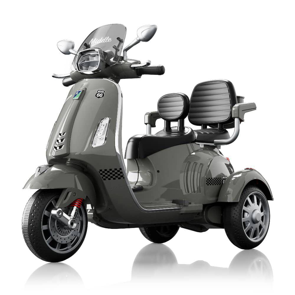 Gray electric scooter for kids with two seats, side view, perfect for fun outdoor rides
