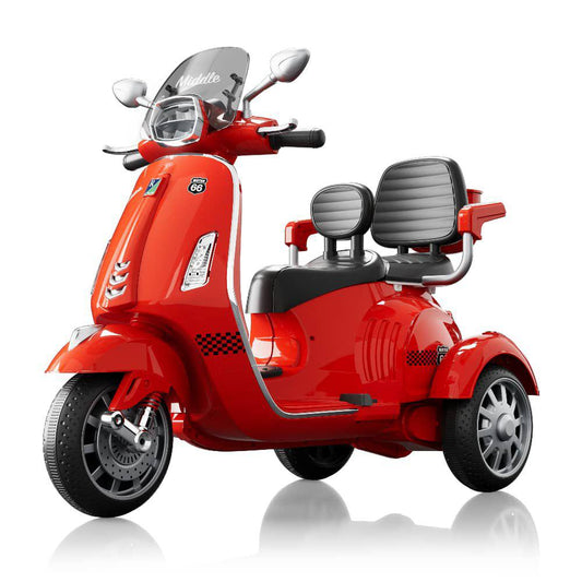 Red electric scooter for kids with two seats, front view, designed for fun and safe riding adventures