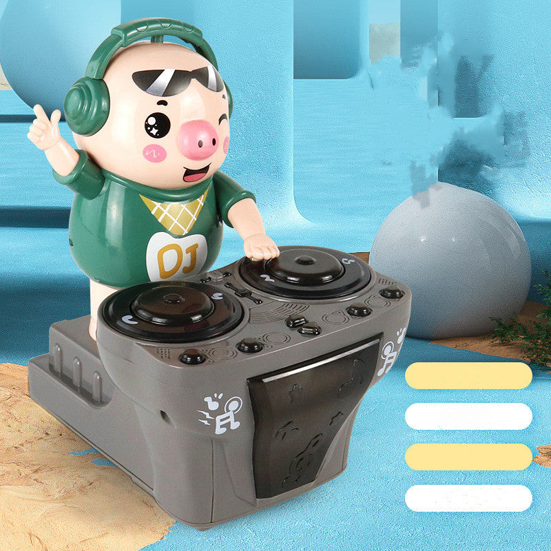 Interactive DJ pig electric toy car with two turntables, front view, for imaginative play