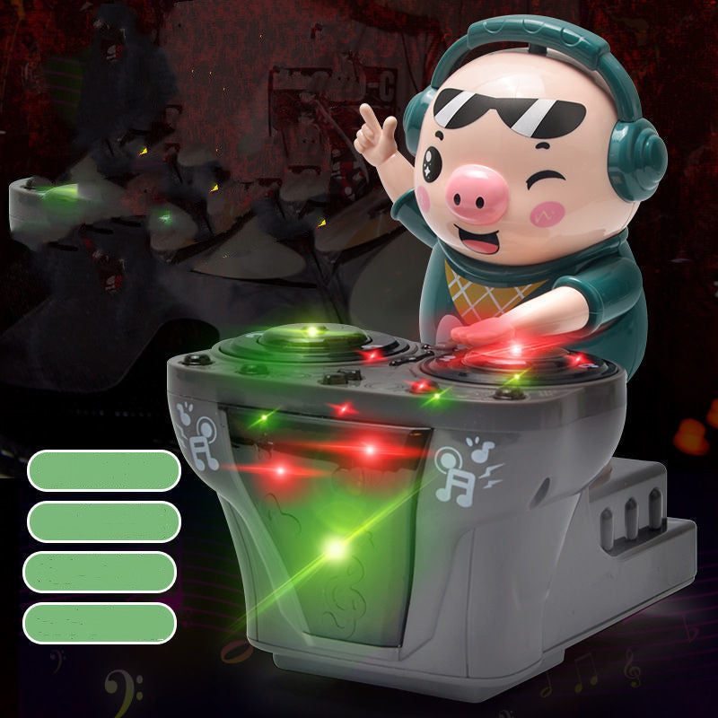 Colorful electric toy car with DJ pig figure, front view, designed for interactive fun