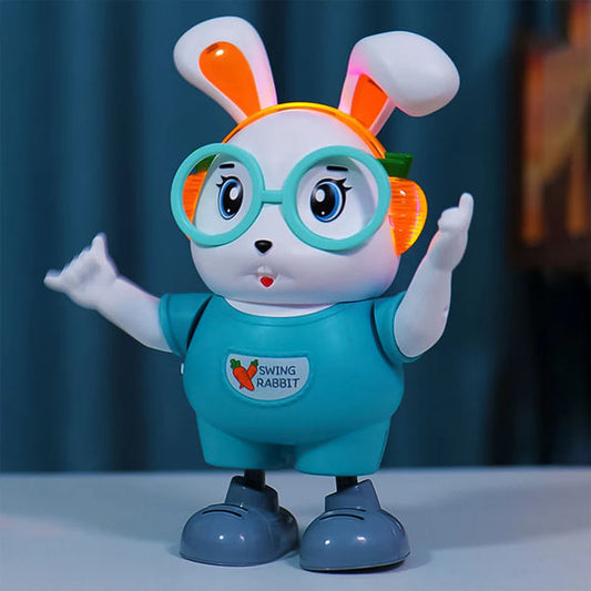 Cute gift toy bunny with music and lights dance toy Online wearing glasses and blue outfit
