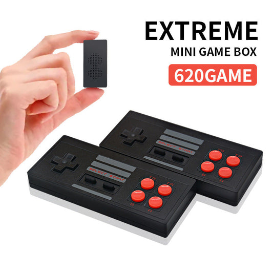Mini game box with two retro black controllers and tiny plug featuring wireless controller TV video game