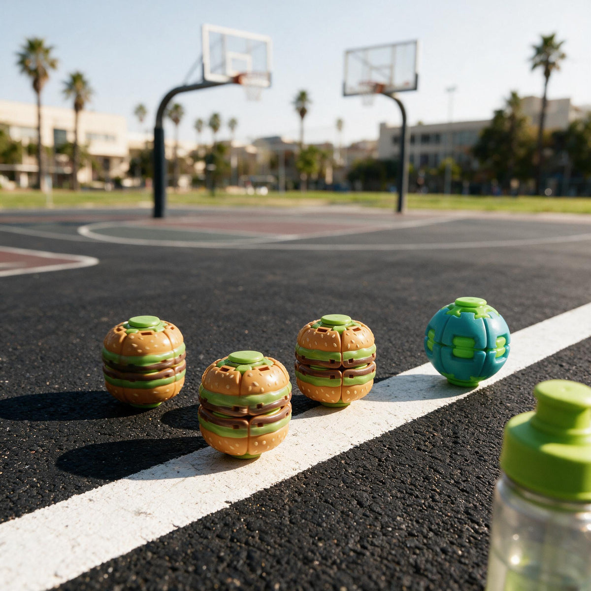 Colorful fidget spinner fidget spinners resembling hamburgers on a basketball court surface