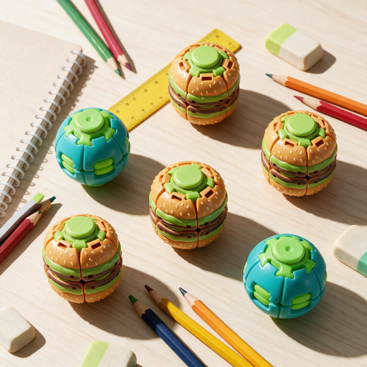 Colorful fidget spinner fidget spinners shaped like hamburgers, top view, perfect for stress relief and fun.