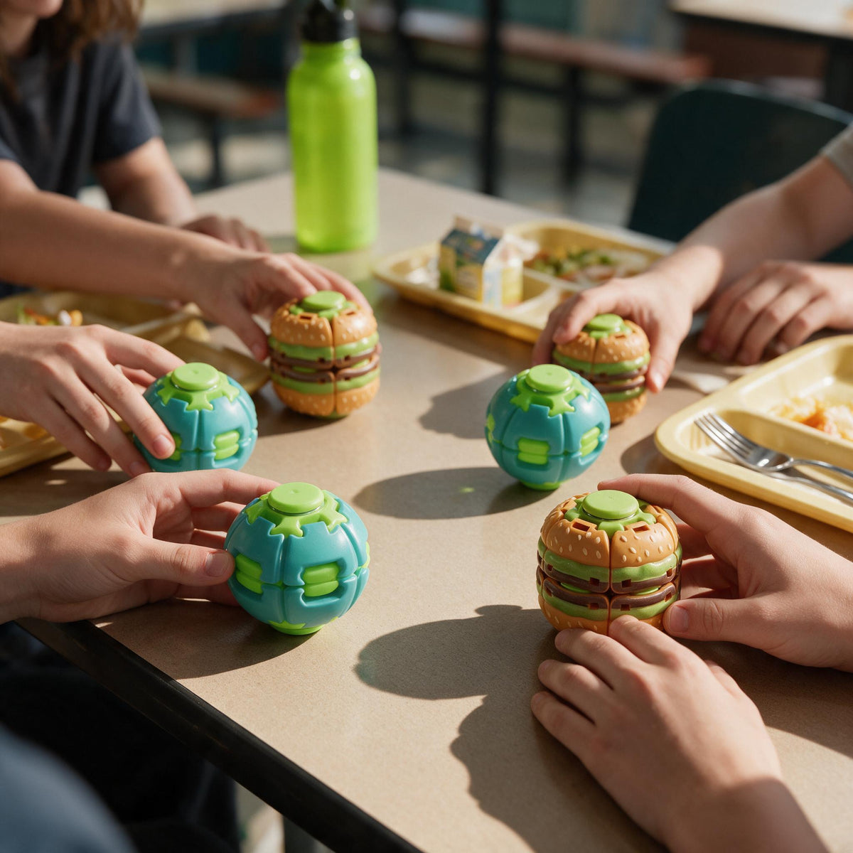 Colorful fidget spinner fidget spinners on a cafeteria table for relaxing and stress relief
