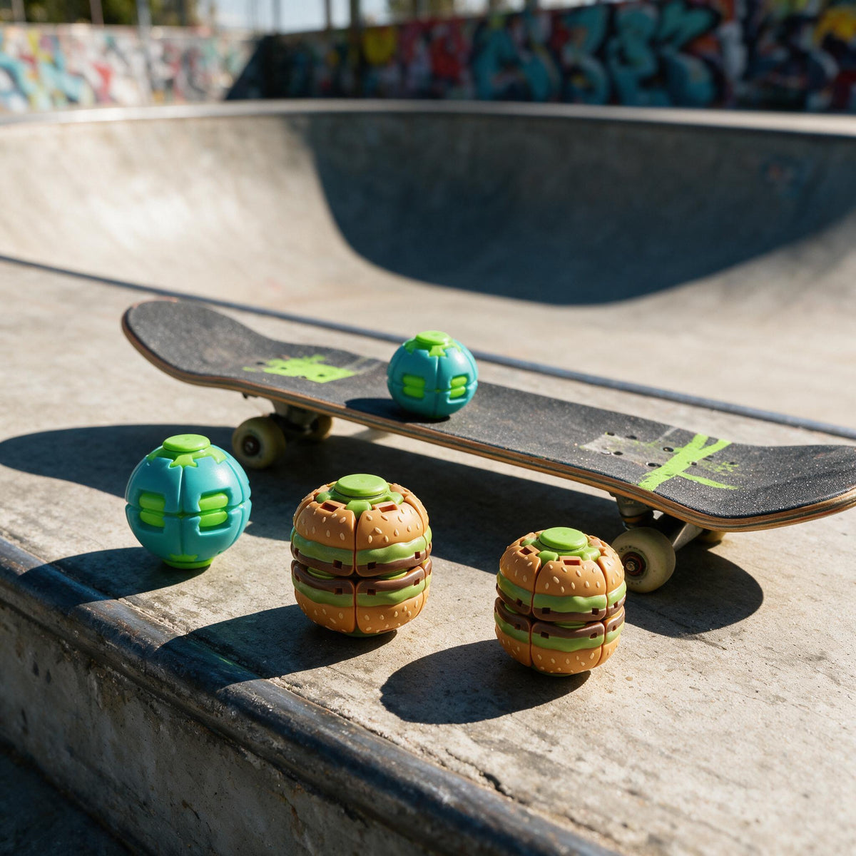 Colorful fidget spinner fidget spinners shaped like burgers and balls on a skateboard for stress relief