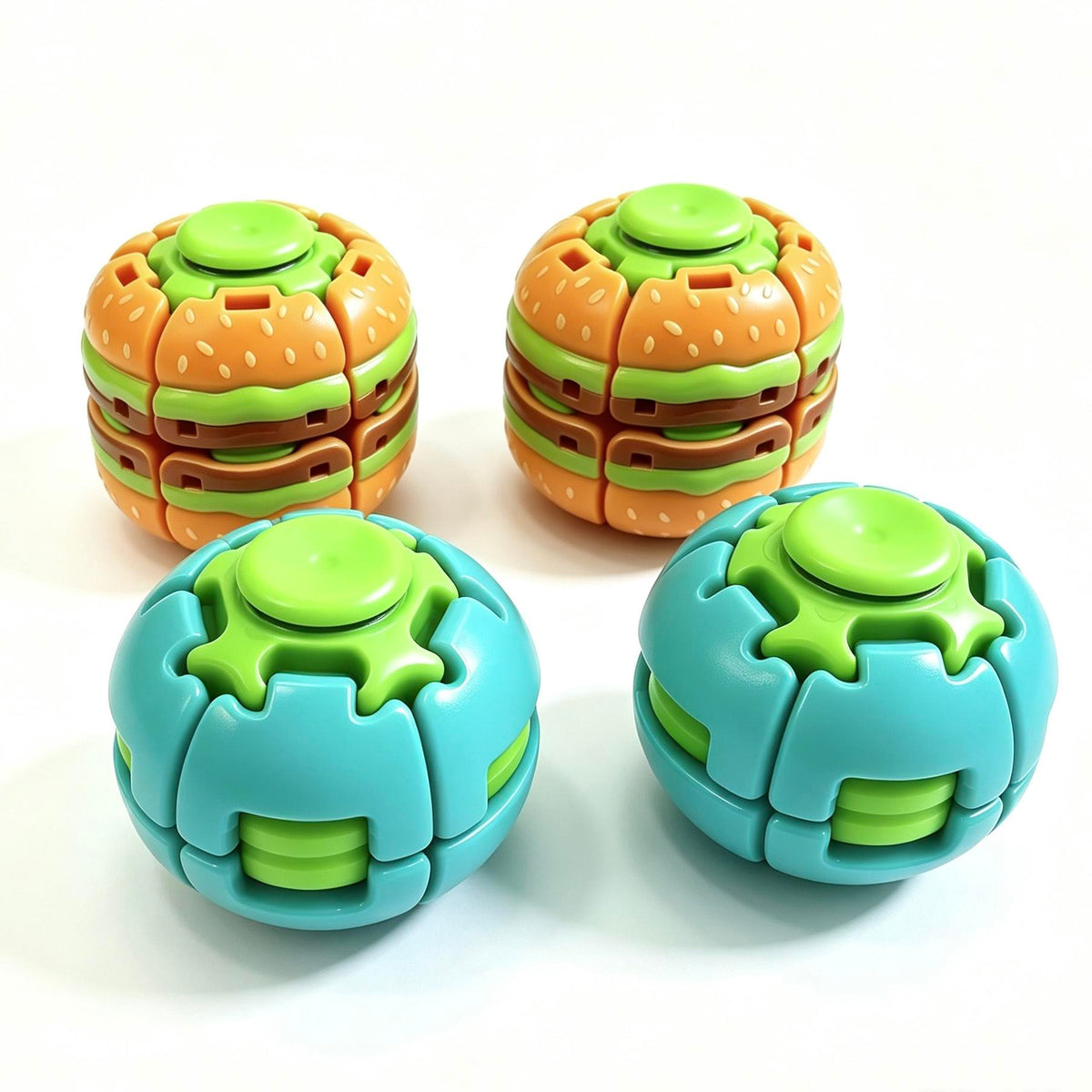 Colorful fidget spinner fidget spinners shaped like burgers and spheres, top view, designed for stress relief