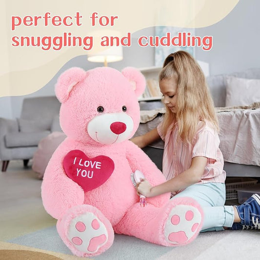 Pink fluffy teddy bear with I love you embroidery perfect for snuggling and cuddling