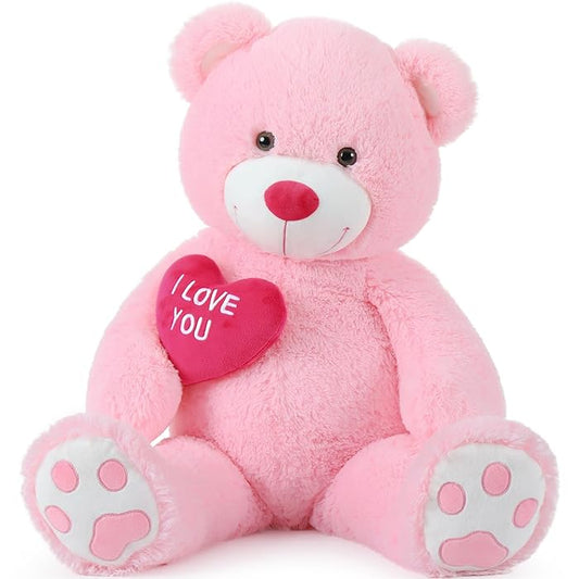 Soft pink fluffy teddy bear with I love you embroidery and heart-shaped pocket