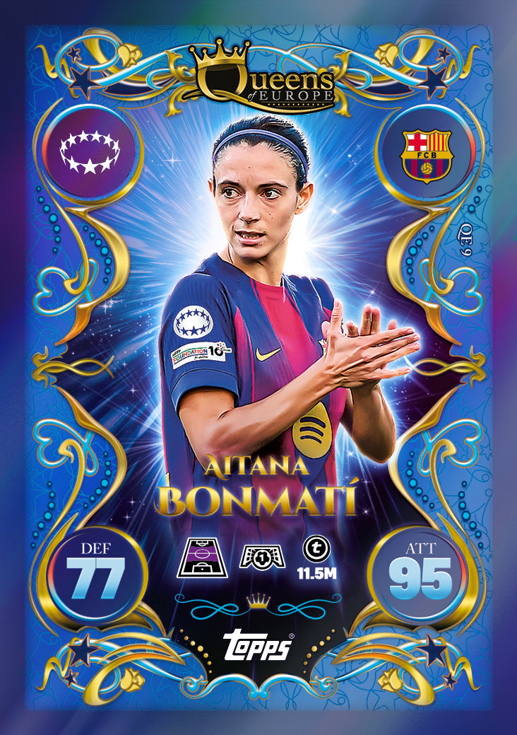 Atiana Bonmatí Barcelona football card from Topps Match Attax at Sam's Toy World, showcasing defensive and attacking stats