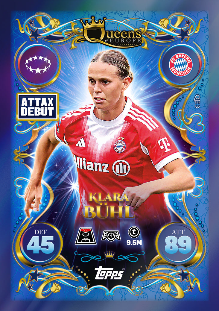 Topps Match Attax football card featuring Klara Bühl, aggressive player stats for collectors at Sam's Toy World