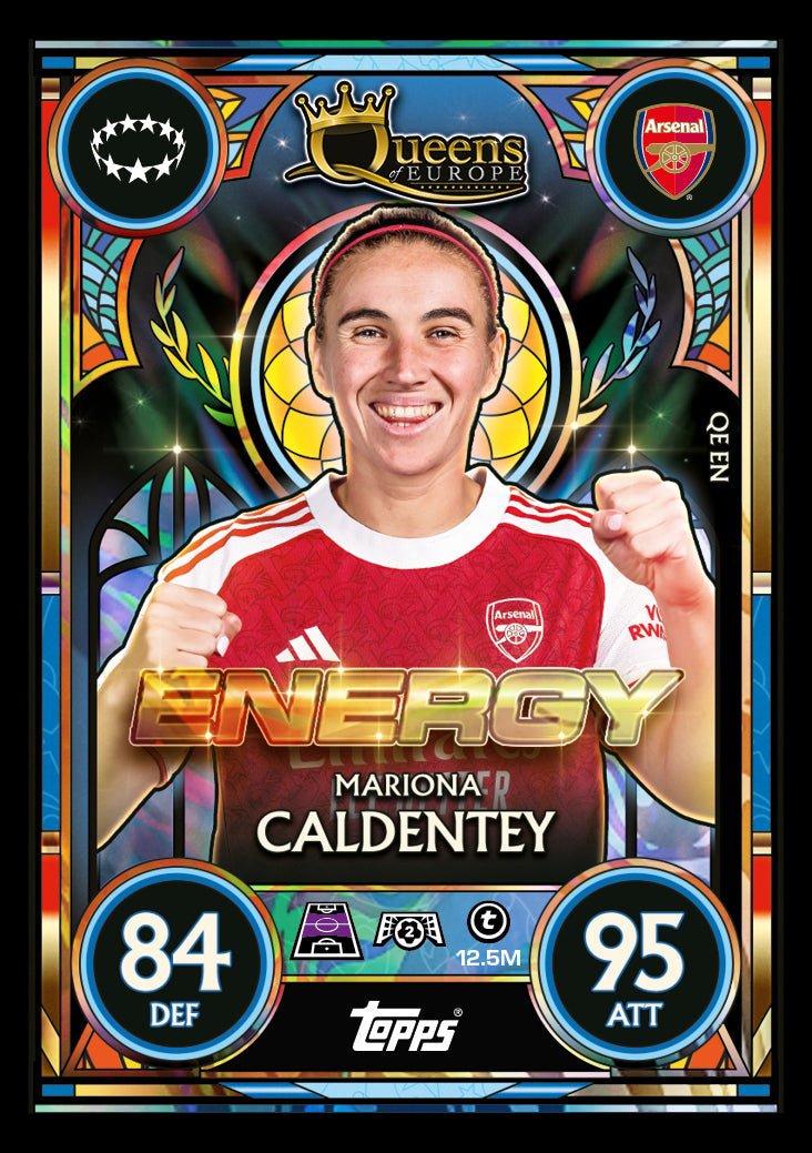 Arsenal football card featuring Mariona Caldentey, showcasing Stats 84 DEF and 95 ATT, at Sam's Toy World