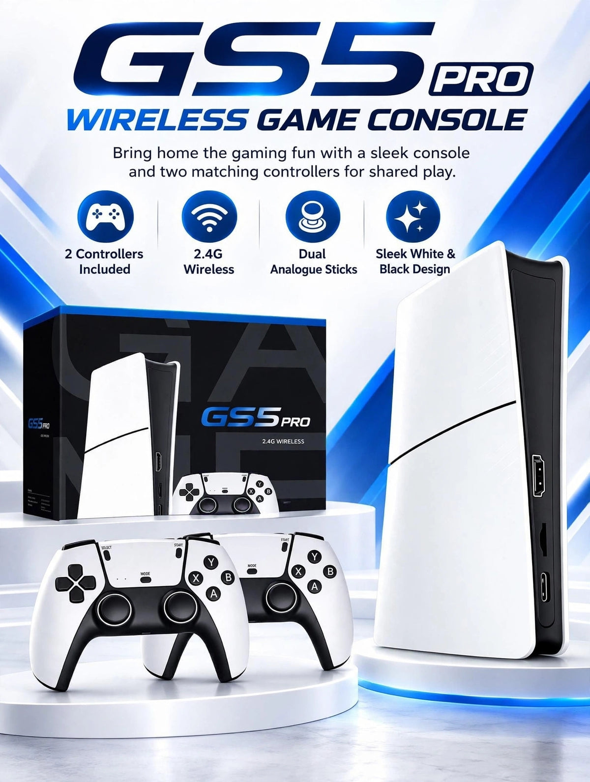 GS5 Wireless TV Video Game Console in sleek white with two controllers for all ages; Sam's Toy World