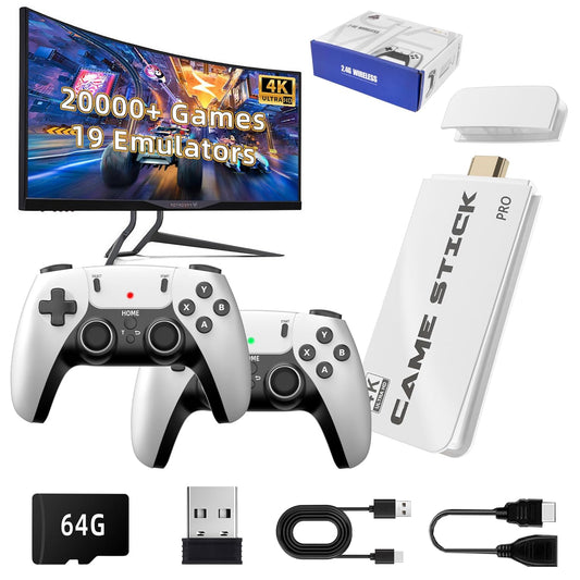 White Game Stick Pro retro gaming HDMI stick with two wireless controllers 64GB microSD and USB accessories