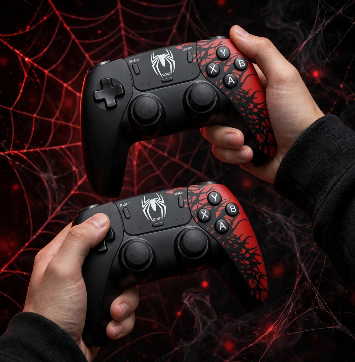 Two black and red Gamestick Game Stick GS 5 Pro controllers for PS5, suitable for all ages from Sam's Toy World