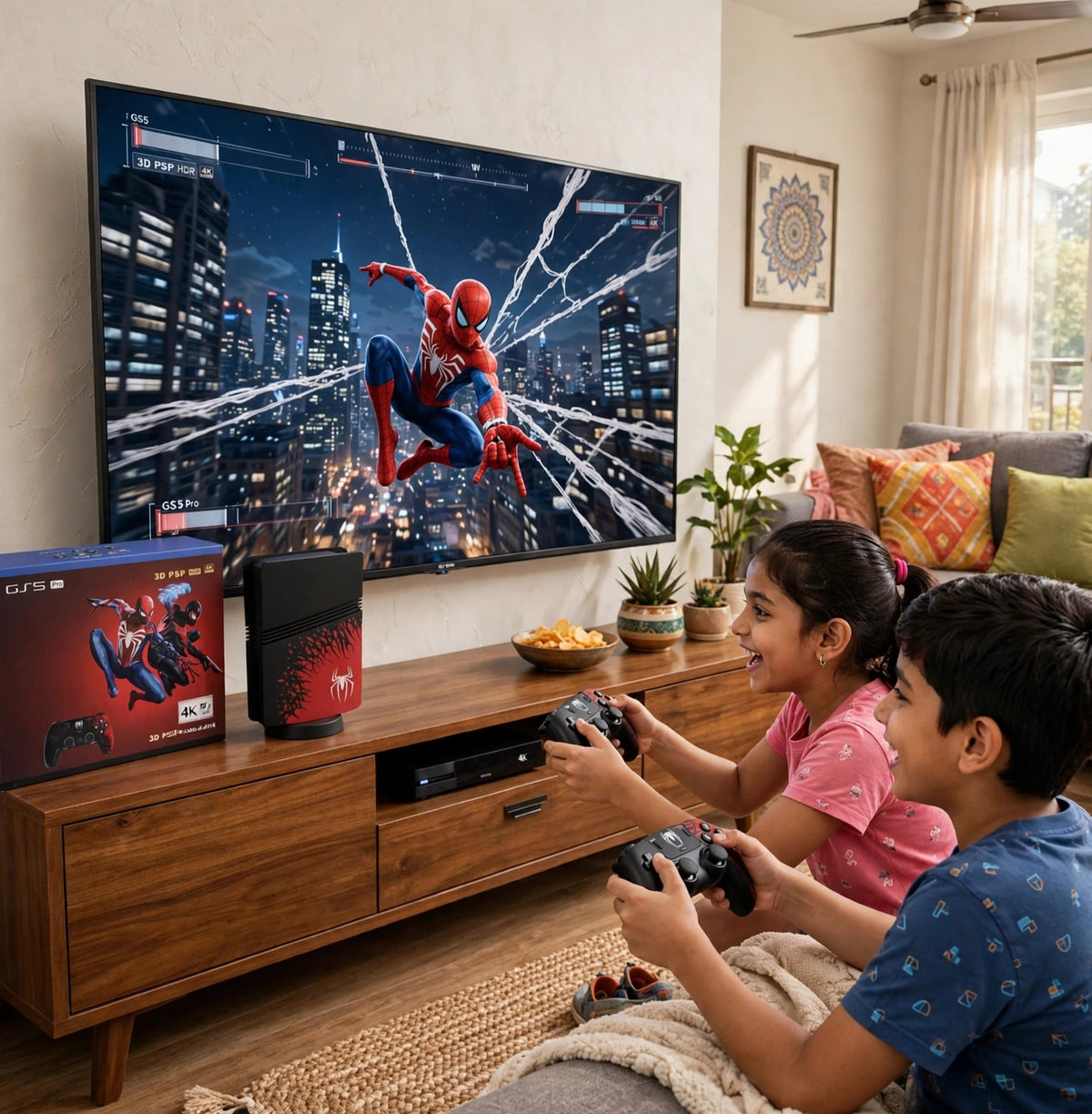 Two children playing with Game Stick GS 5 Pro on TV, enjoying PS5 gaming, from Sam's Toy World