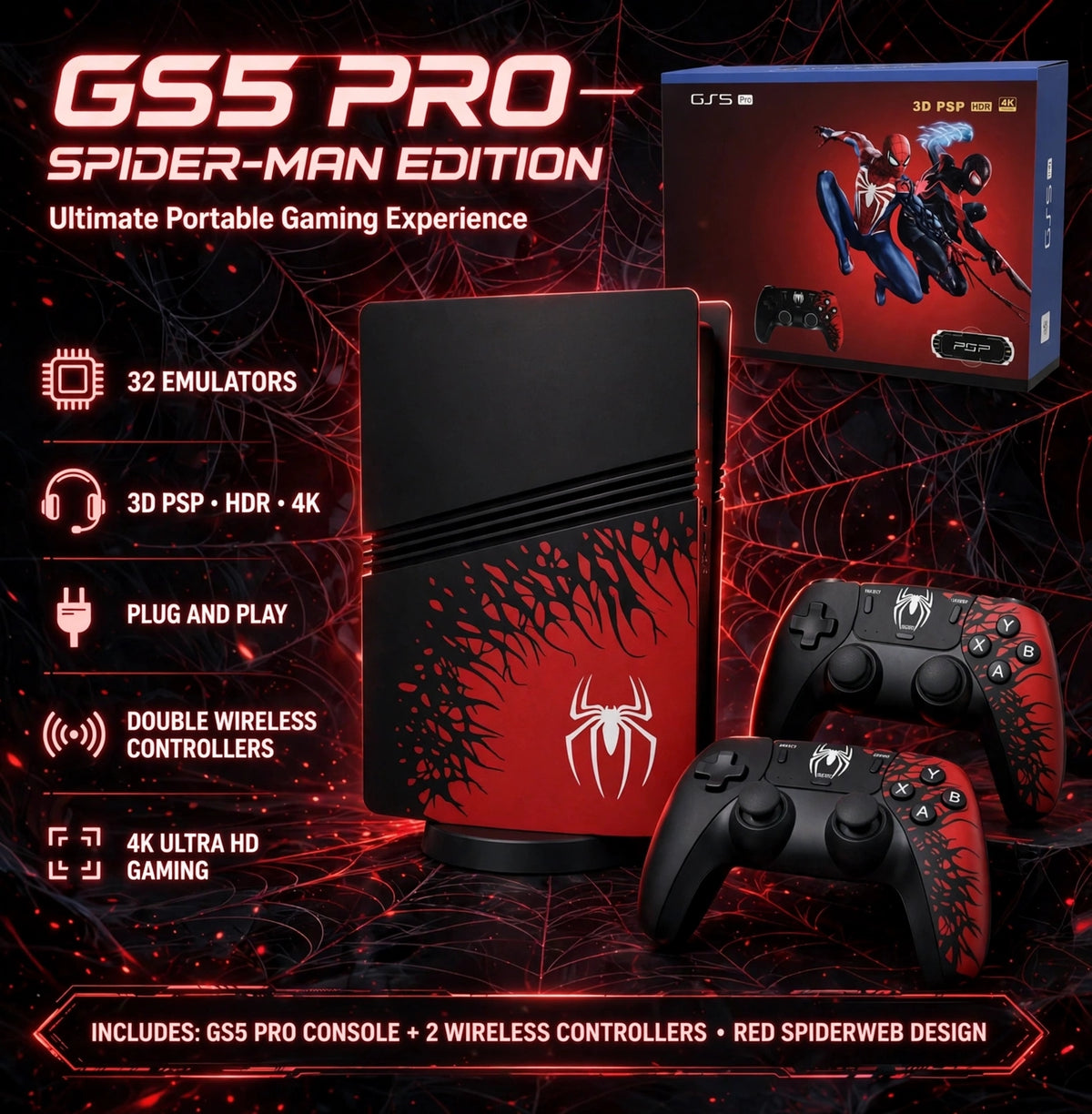 GS5 Pro Spider-Man Edition Game Stick with 2 controllers for kids and gamers, brought to you by Sam's Toy World