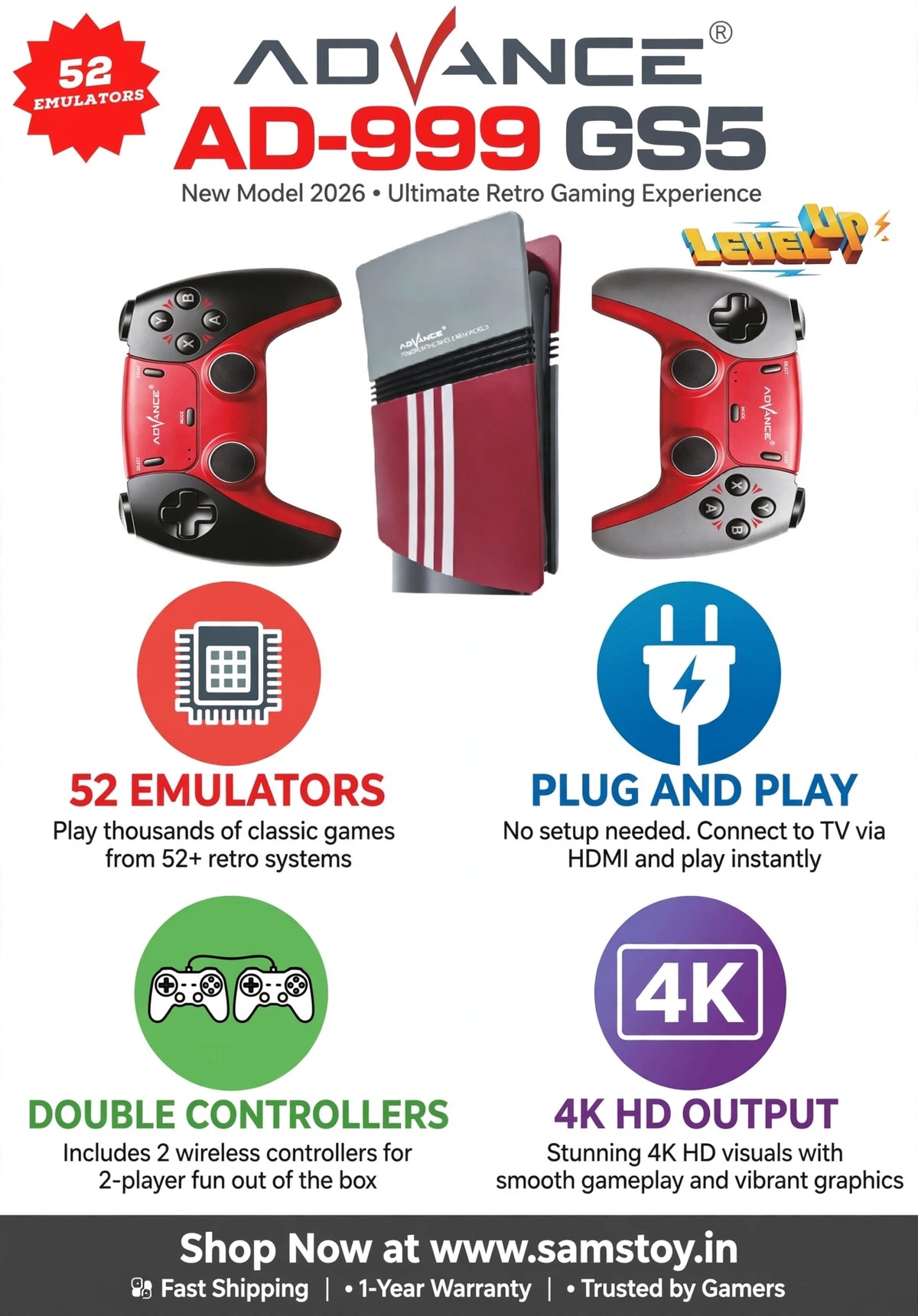 Gamestick GS5 Pro TV Video Game stick in red with 52 emulators, suitable for ages 5 and up from Sam's Toy World