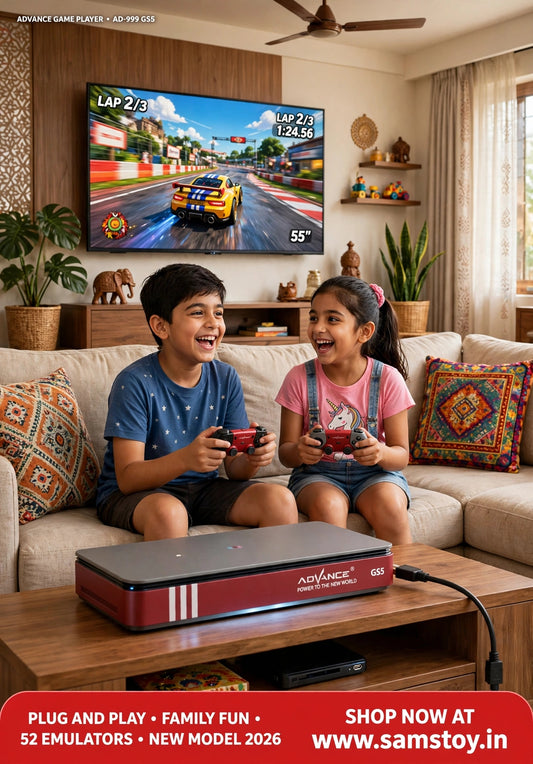Gamestick GS5 pro TV Video Game stick in Sam's Toy World with kids playing games in joyful atmosphere