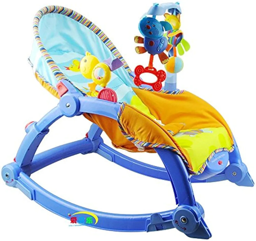 Colorful newborn to toddler rocker chair Ahmedabad Gujarat online India plastic frame with toy bar and padded orange blue seat