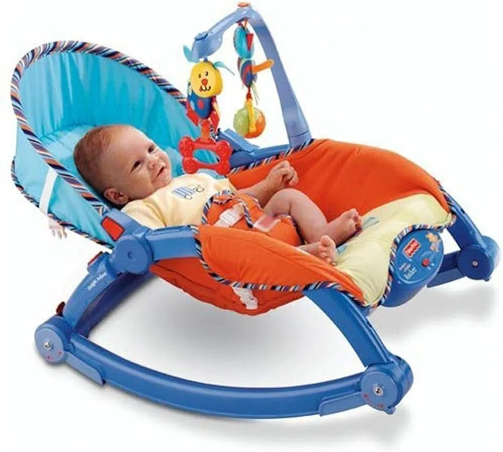 Infant in blue orange rocker with toy bar newborn to toddler rocker chair Ahmedabad Gujarat online India