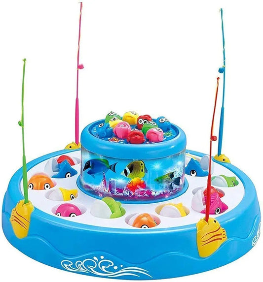 samstoy in rotating pond fishing game with music and lights blue plastic pond with colorful rotating fish and four fishing rods
