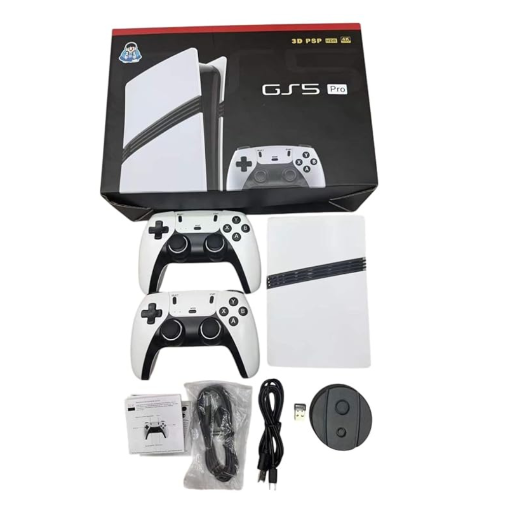 White GS5 PRO classic games console with two controllers, front view, for retro gaming enthusiasts