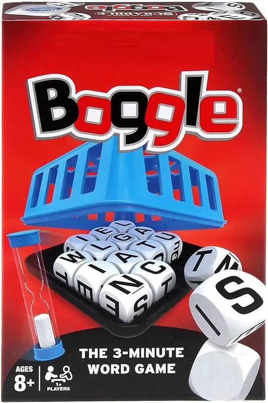 Boggle word game for kids boxed set with blue letter grid dice hourglass and 3 minute timer