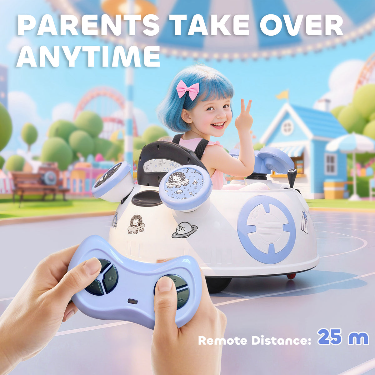 Sam's Toy World Ride on car on remote control in white with a child, perfect for ages 2-5, intuitive remote operation