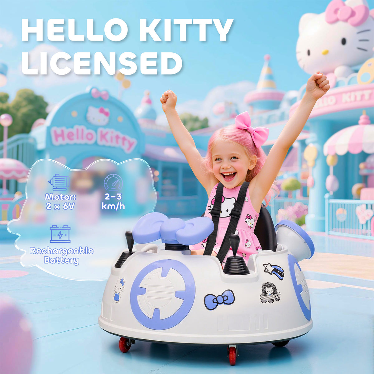 Hello Kitty licensed ride on car on remote control in white for kids age 2-4 from Sam's Toy World