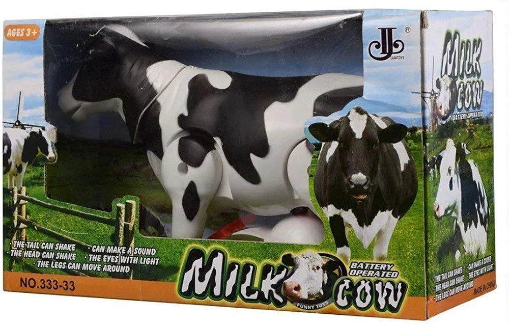 Battery-operated black and white milk cow toy, side view, for interactive play and entertainment for ages 3 and up