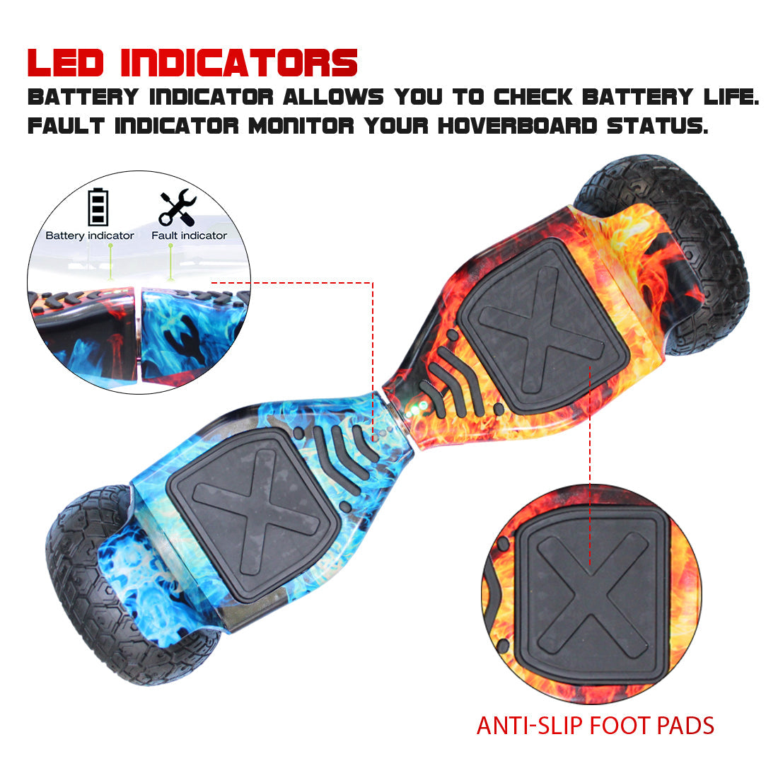 Colorful hoverboard off-road in Ahmedabad Gujarat with LED indicators and anti-slip foot pads for safe riding