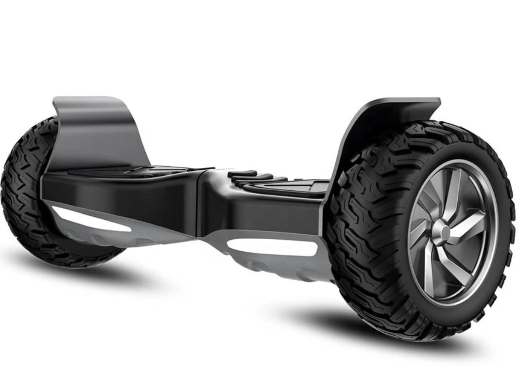 Black hoverboard with off-road tires, side view, ideal for outdoor fun and adventure in Ahmedabad Gujarat