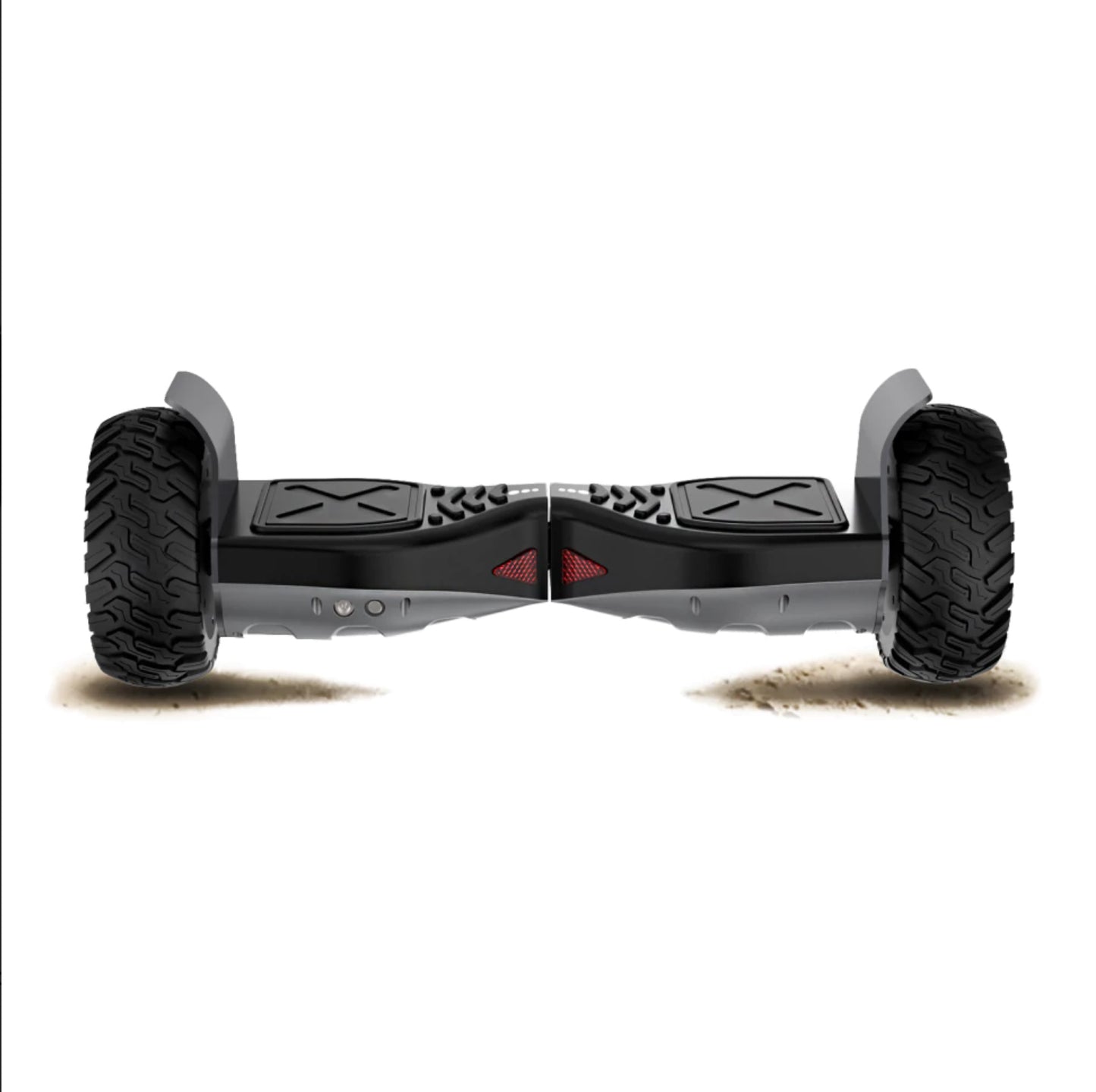 Black hoverboard with thick tires, front view, designed for outdoor fun and adventure, in Ahmedabad Gujarat