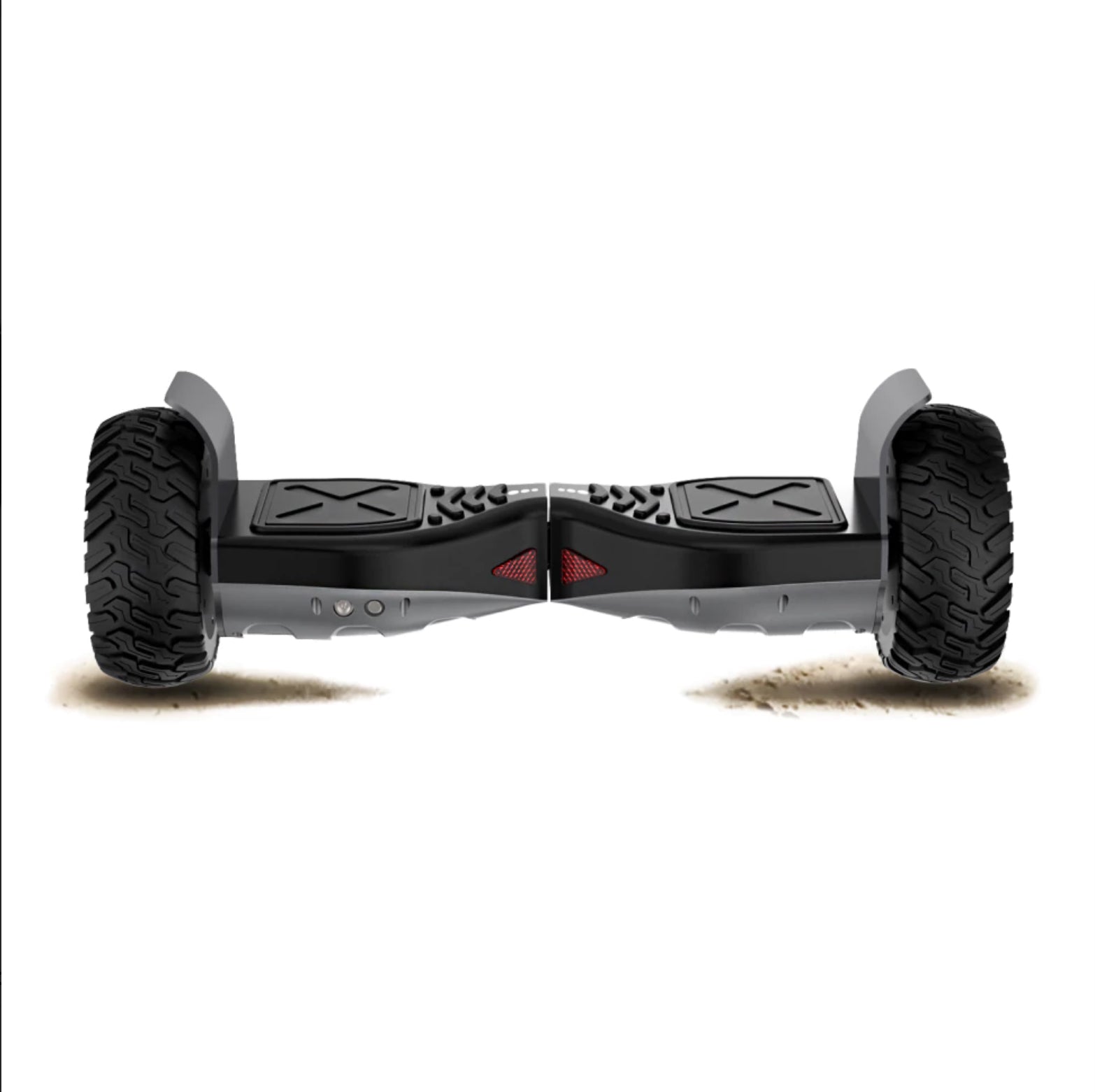 Black hoverboard with thick tires, front view, designed for outdoor fun and adventure, in Ahmedabad Gujarat