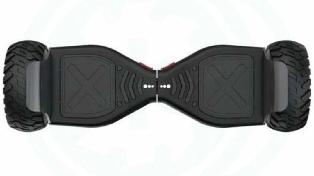 Black hoverboard with rugged tires, top view, suitable for outdoor fun, available in Ahmedabad Gujarat