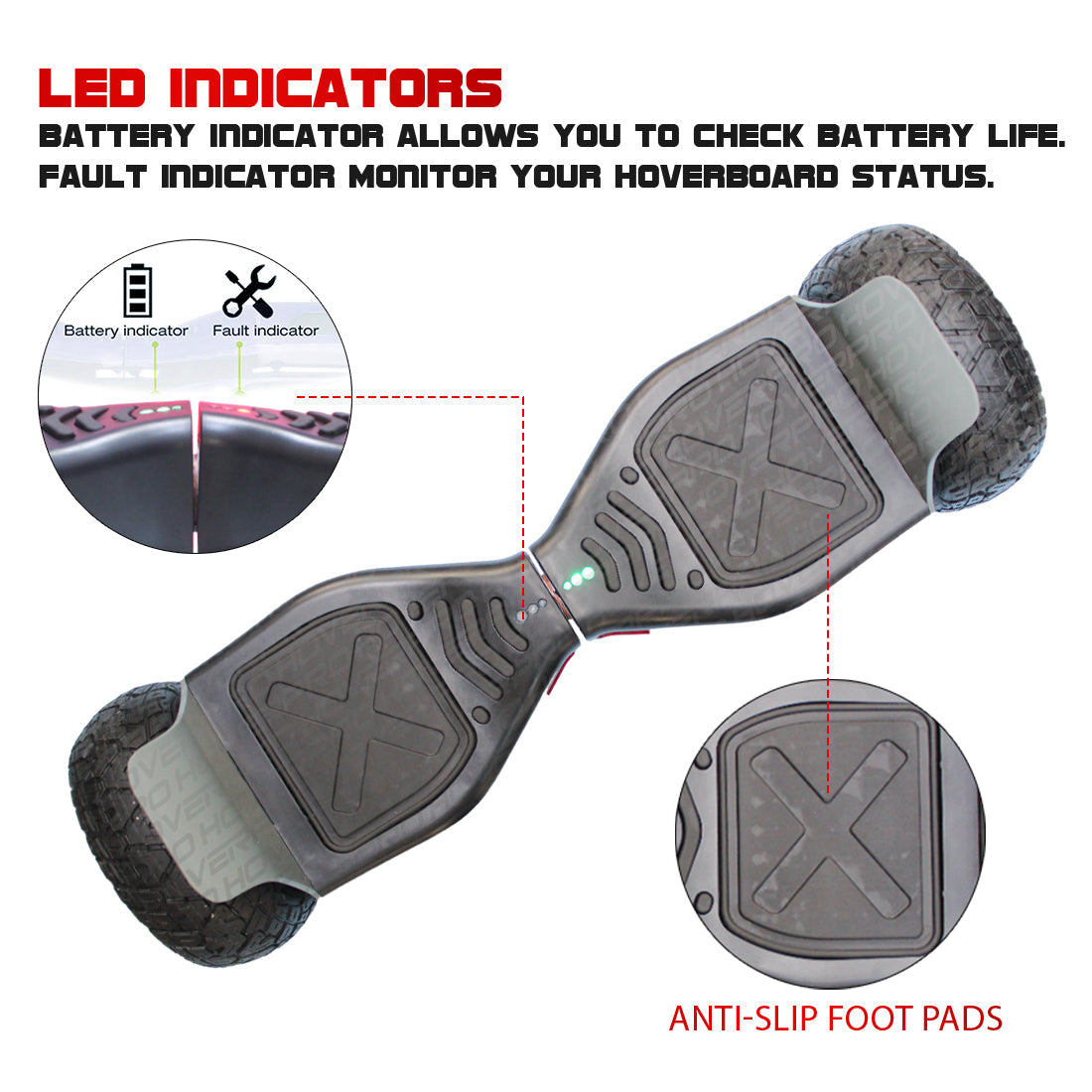 Black hoverboard featuring LED indicators, top view, for monitoring battery life in Ahmedabad Gujarat