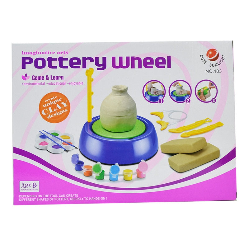 Colorful educational pottery workshop toy with spinning wheel, tools, and colorful paint for creative fun.