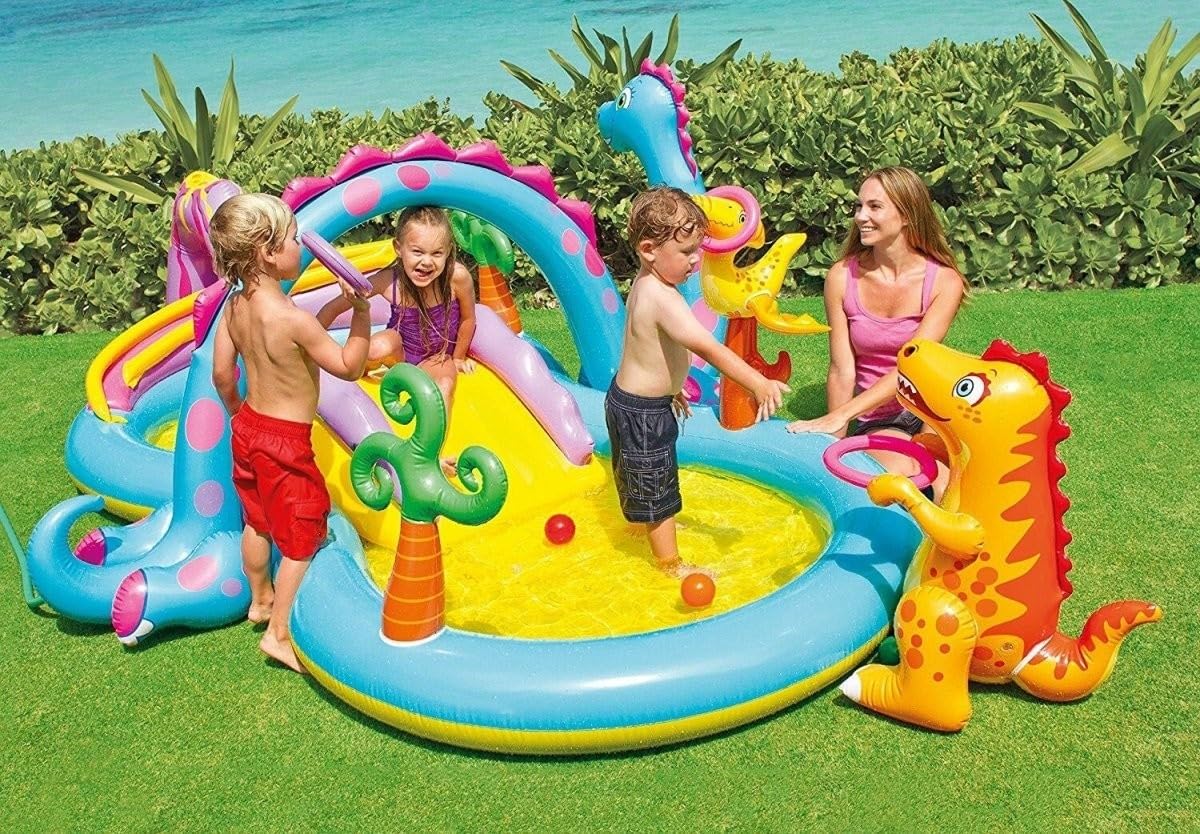 Intex Dino swimming slide and pool at Sam's Toy World Ahmedabad Gujarat, colorful inflatable fun for kids