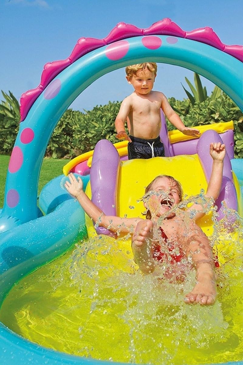 Intex Dino swimming slide and pool, colorful design, with kids playing and splashing water for summer fun